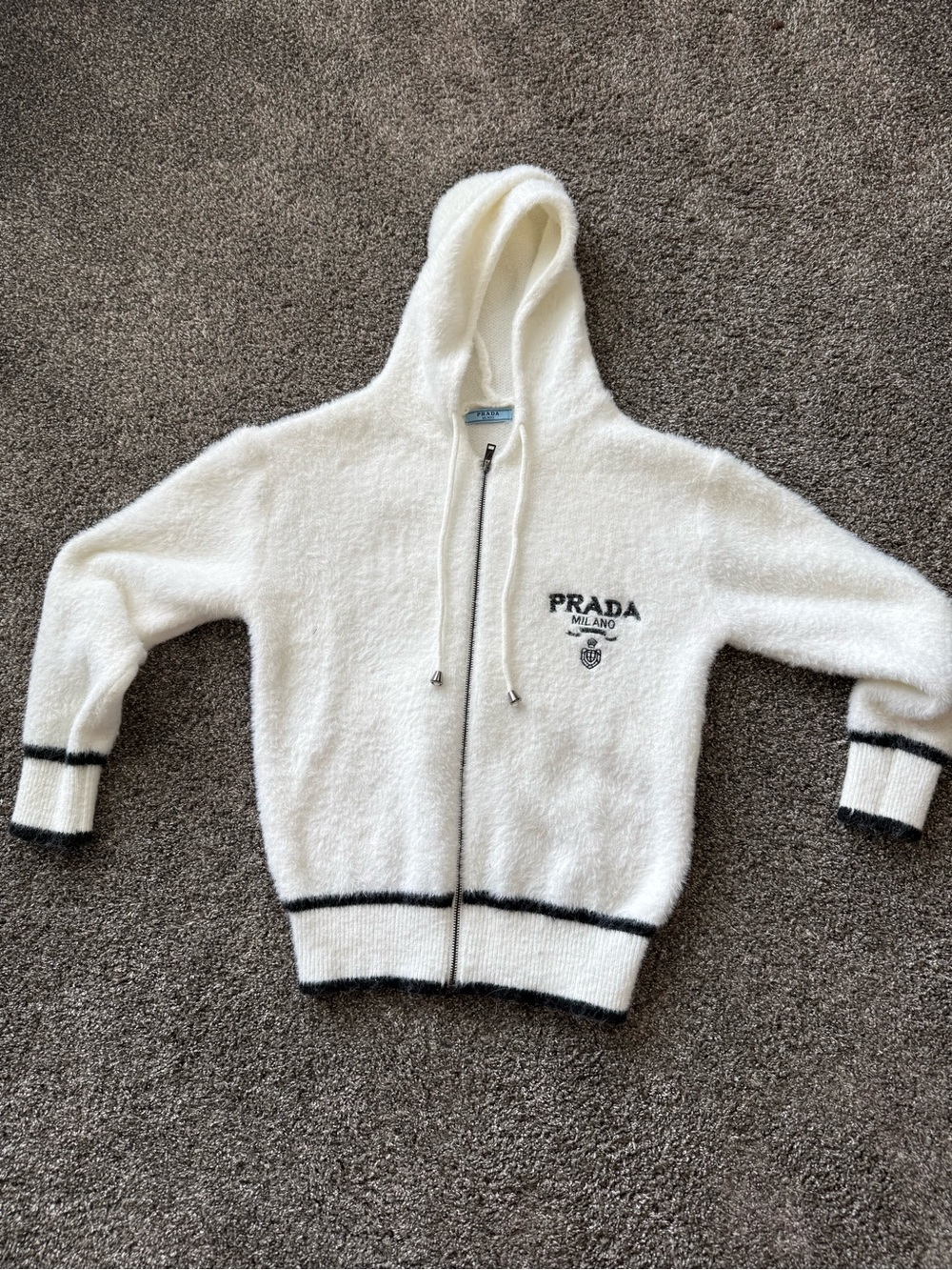 Luxury White Hooded Zip Jacket with Black Trim